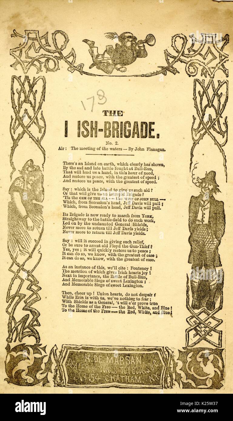 Broadside from the American Civil War, entitled 'The Irish Brigade, ' expressing pride and patriotism in the resolve of the Union Army's Irish Brigade and disdain for British Confederate sympathy, New York, New York, 1862. Stock Photo