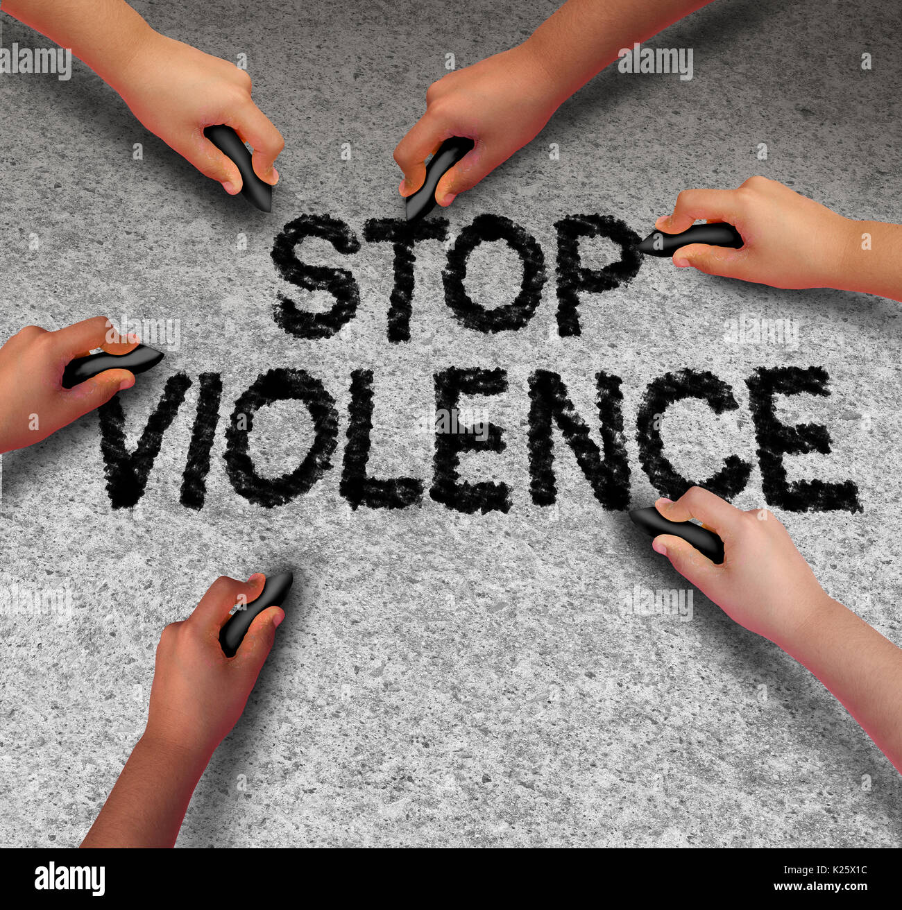 Stop violence concept and prevent an assault as a group of children hands drawing criminal violent aggression text on pavement. Stock Photo