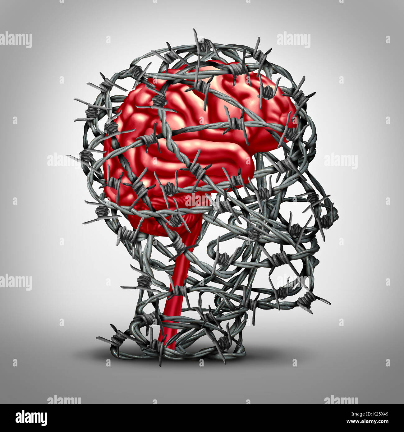 Brain protection concept and protecting the mind icon as a mental health medicine idea with a human thinking organ protected by barbed metal. Stock Photo