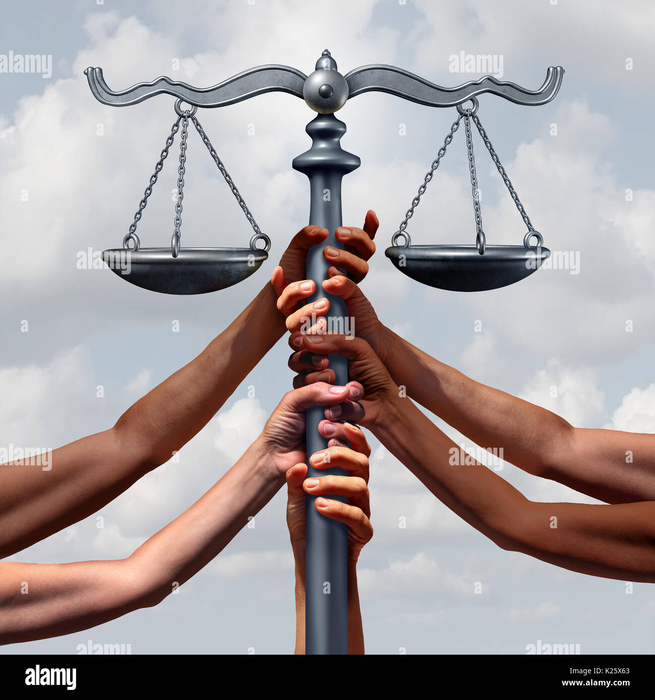 Community lawyer services and law and immigration or refugee legislation and legal status as a group of people holding up a justice scale together. Stock Photo