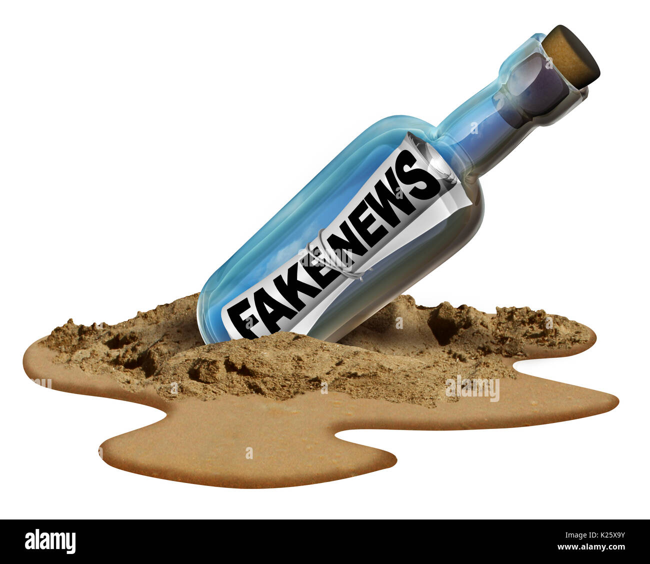 Fake news communication symbol and hoax journalistic reporting as a message in a bottle as text as false media reporting metaphor. Stock Photo