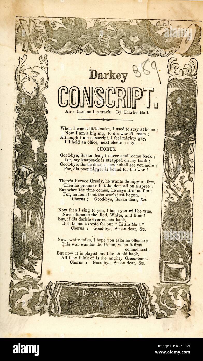 Broadside from the American Civil War entitled 'Darkey Conscript', describing an African-American man going to fight for the Union Army, 1863. Stock Photo