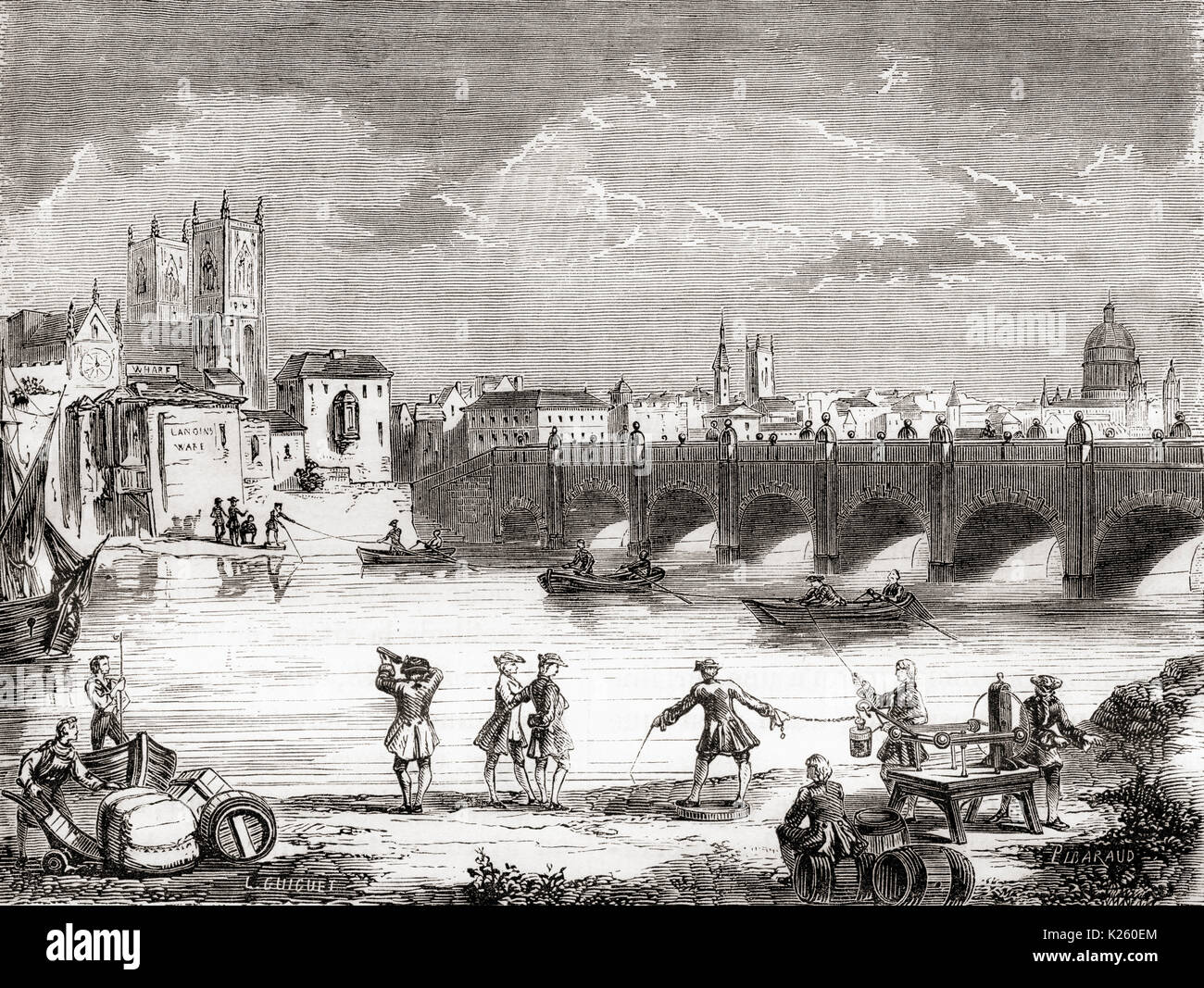 A Royal Society Experiment carried out in 1747 to ascertain whether electric current could be carried from one side of the River Thames to the other using an Electrostatic generator to charge a Leyden Jar connected to a wire suspended above the Thames at Westminster Bridge. On each side of the river a participant held the wire in one hand whilst an iron rod was dipped into the river with the other. When the circuit was completed the Leyden Jar discharged its current. The shock was felt by the participants on both sides of the river.  From Les Merveilles de la Science, published 1870. Stock Photo