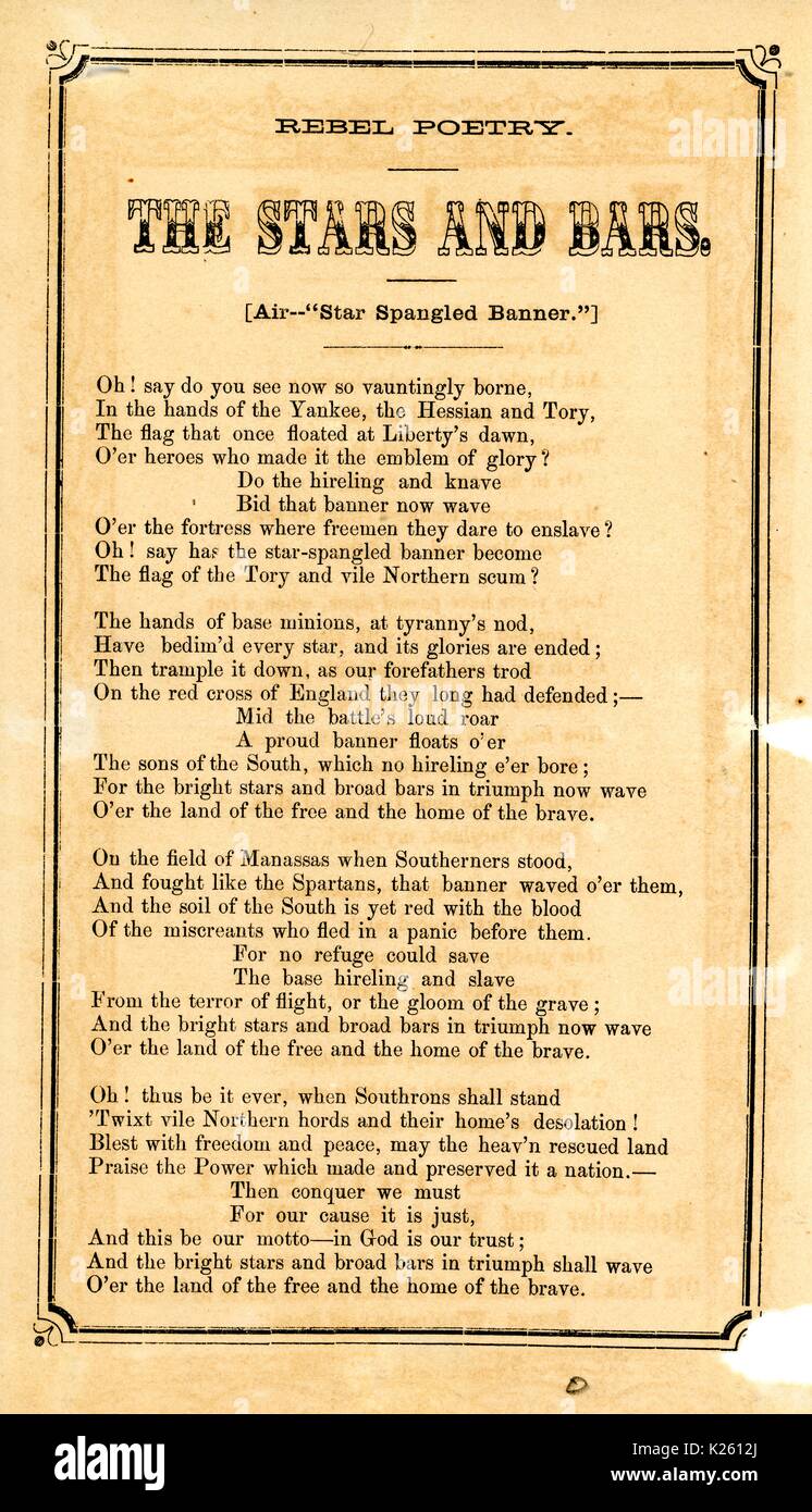 Broadside from the American Civil War, entitled 'The Stars and Bars, ' expressing disdain for the Union North while hailing the Confederate flag, 1861. Stock Photo