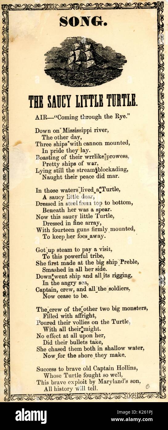 Broadside from the American Civil War, entitled 'The Saucy Little Turtle, ' tells the story of the victory of Captain George N Hollins and the Confederacy as he drove away Union invaders in New Orleans aboard his CSS Manassas, nicknamed the 'Turtle', 1861. Stock Photo