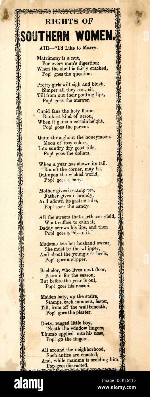Broadside from the American Civil War, entitled 'Rights of Southern Women, ' drawing a narrative of courtship, marriage, and motherhood with young women from the Confederacy through poetry, 1862. Stock Photo