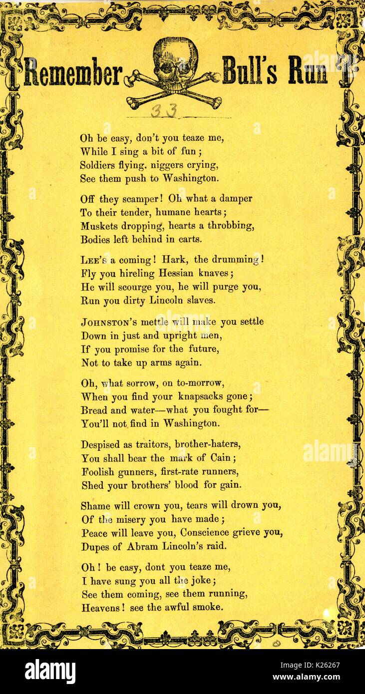 Broadside from the American Civil War, entitled 'Remember Bull's Run, ' making a mockery of Union loss from Confederate Victory at the first Battle of Bull's Run in Virginia, 1861. Stock Photo