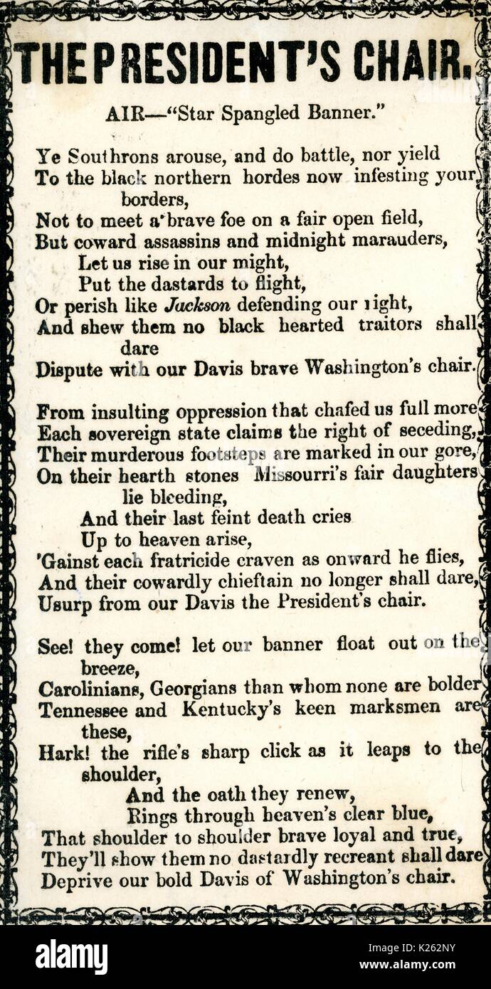 Broadside from the American Civil War, entitled 'The President's Chair, ' praising Southern secession and the resolve of Confederate President Jefferson Davis to hold his seat in Washington, 1861. Stock Photo