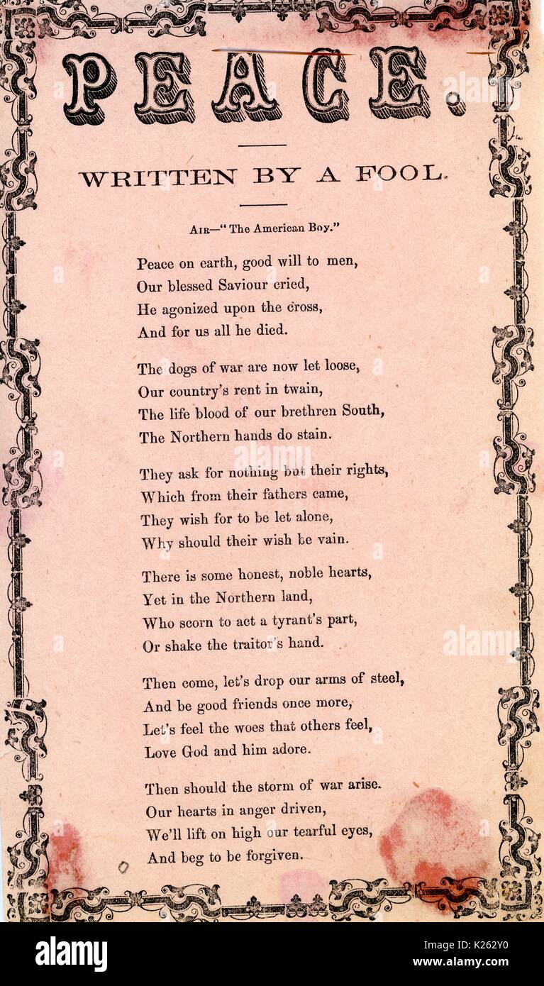 Broadside from the American Civil War, entitled 'Peace, ' expressing hope in a Confederate victory through the biblical tale of Jesus, 1861. Stock Photo