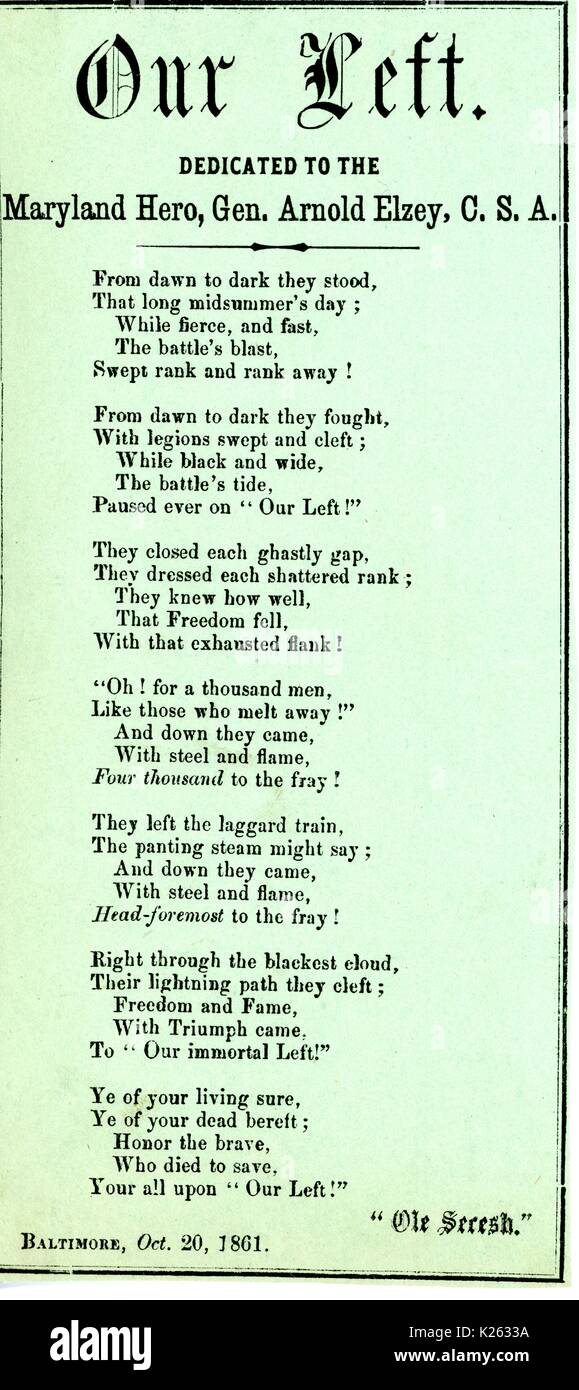 Broadside from the American Civil War, entitled 'Our Left, Dedicated to the Maryland Hero, General Arnold Elzey, CSA, ' praising Confederate victory under the leadership of General Arnold Elzey, Baltimore, Maryland, 1861. Stock Photo