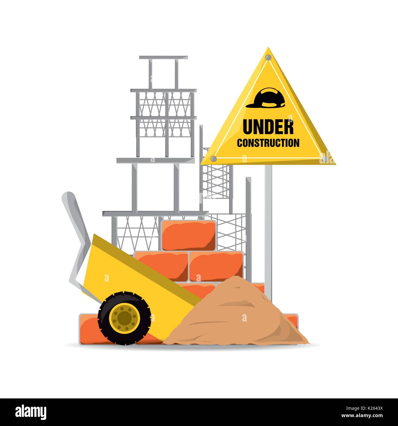 flat under construction warning and cart with cement Stock Vector Image ...