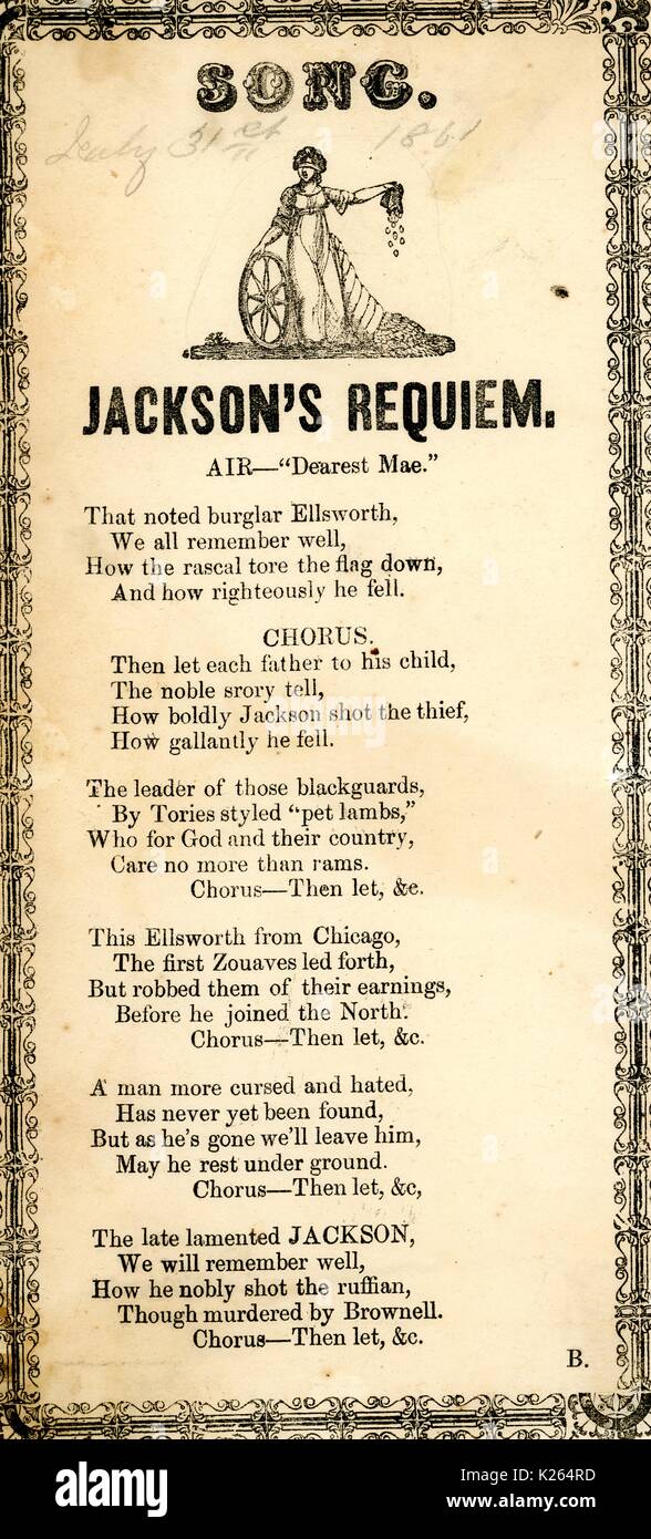 Broadside from the American Civil War, entitled 'Jackson's Requiem', in remembrance and mourning for Confederate General Stonewall Jackson, 1863. Stock Photo