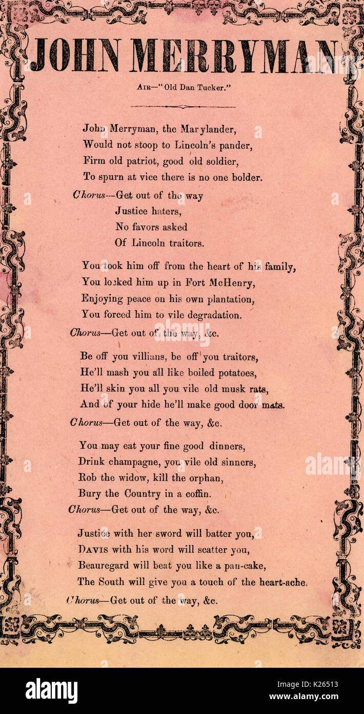 Broadside from the American Civil War, entitled 'John Merryman', singing praises for petitioner John Merryman in the Ex parte Merryman case, a habeas corpus case of the American Civil War, 1861. Stock Photo