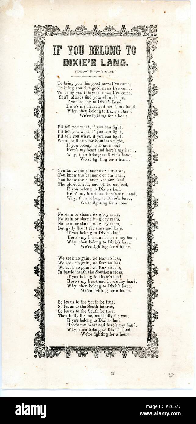 Broadside from the American Civil War, entitled 'If You Belong to Dixie's Land', a rallying-call for the Confederacy, 1861. Stock Photo