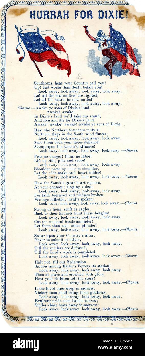 Broadside from the American Civil War, entitled 'Hurrah for Dixie', singing praises and patriotism for the Confederacy, 1861. Stock Photo