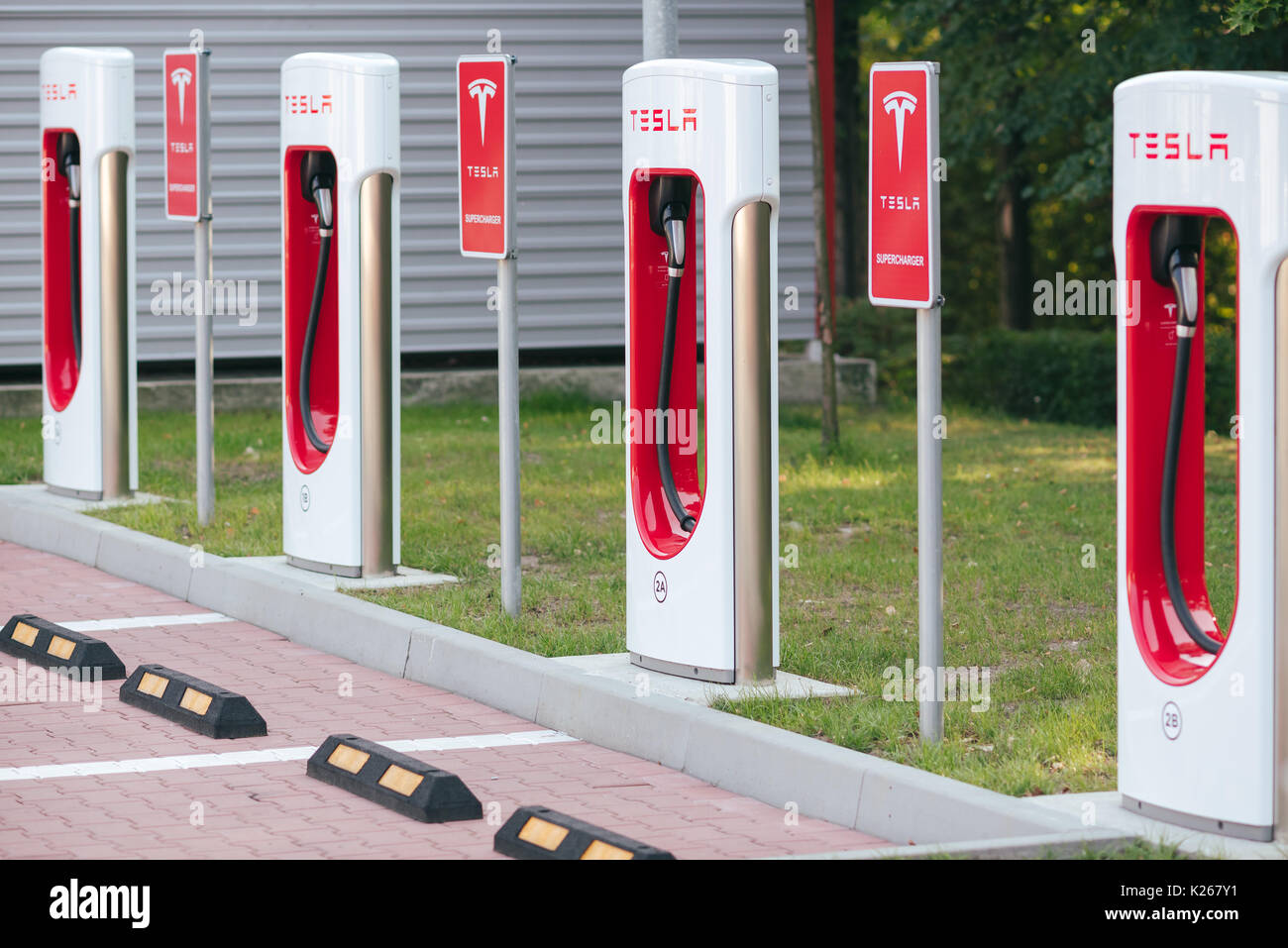 KATOWICE, POLAND AUGUST 26, 2017 Tesla Supercharger station in Orlen