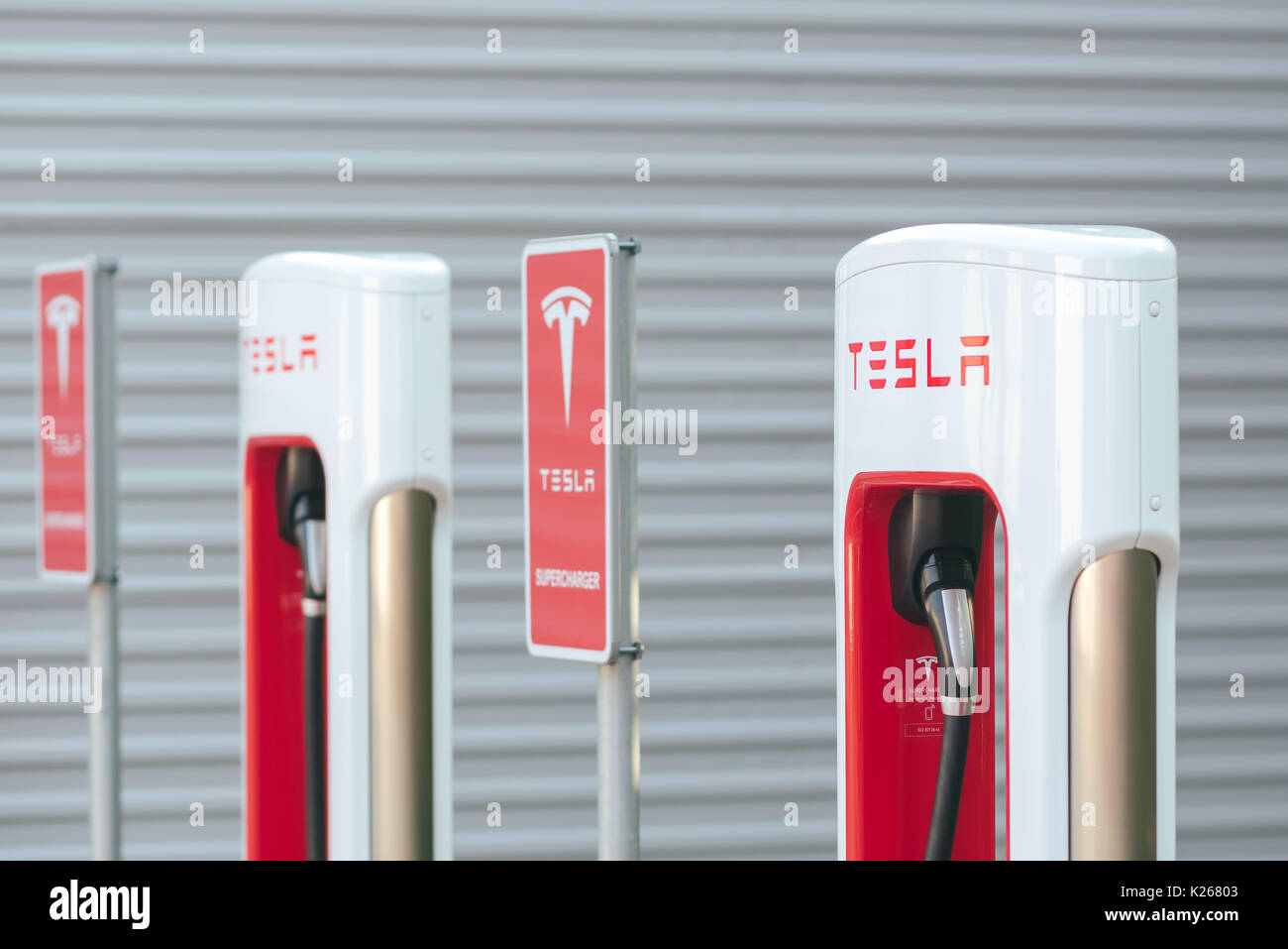 KATOWICE, POLAND - AUGUST 26, 2017: Tesla Supercharger station in Orlen Gas Station, Katowice. Tesla motors develops network of the charging stations  Stock Photo