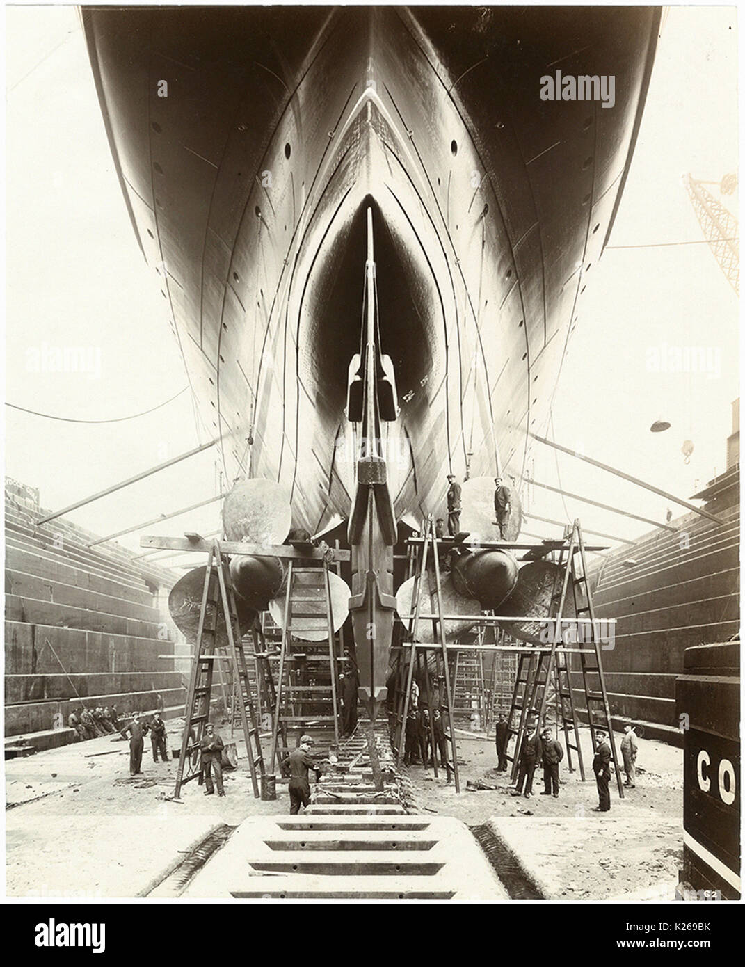 Stern view of Lusitania on stocks showing the propellers and the ...