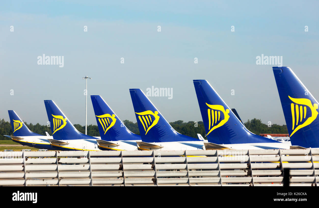 Ryanair - ryanair plane tailfins or tailplanes in a line, Stansted airport, London UK Stock Photo