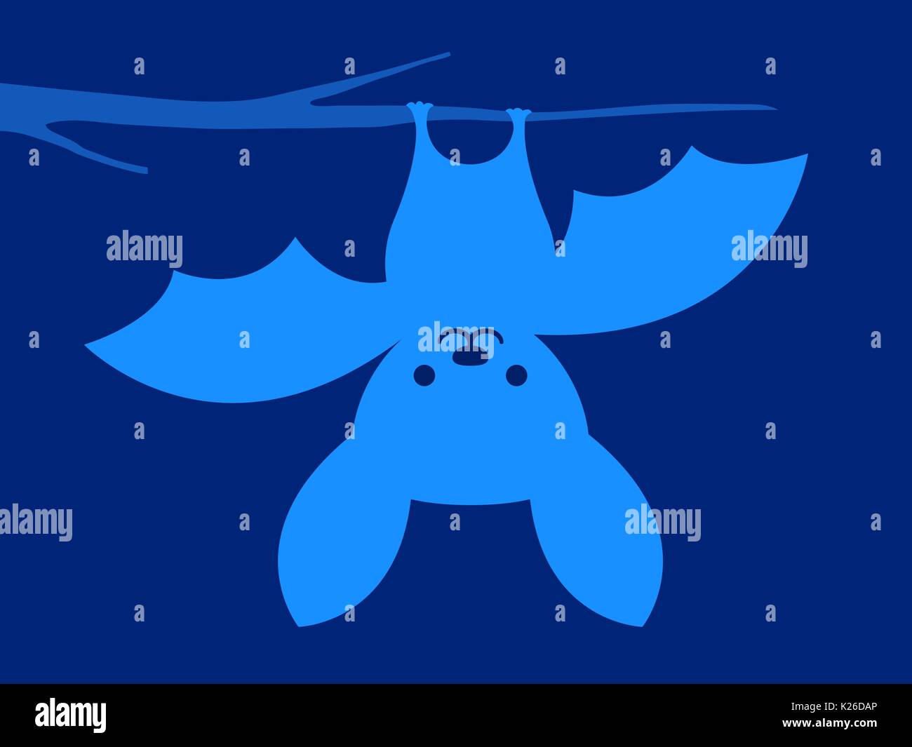 Cute cartoon bat hanging upside down from a tree branch at night against a  blue background - children illustration Stock Vector Image & Art - Alamy