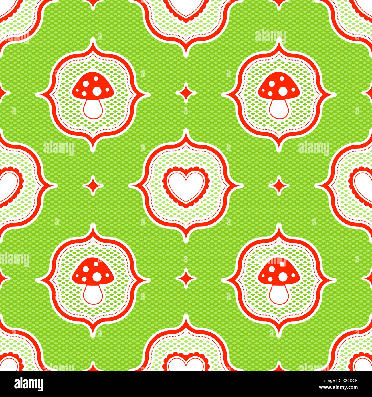 Green polka dot pattern with red toadstool mushroom and heart seamless background illustration Stock Vector