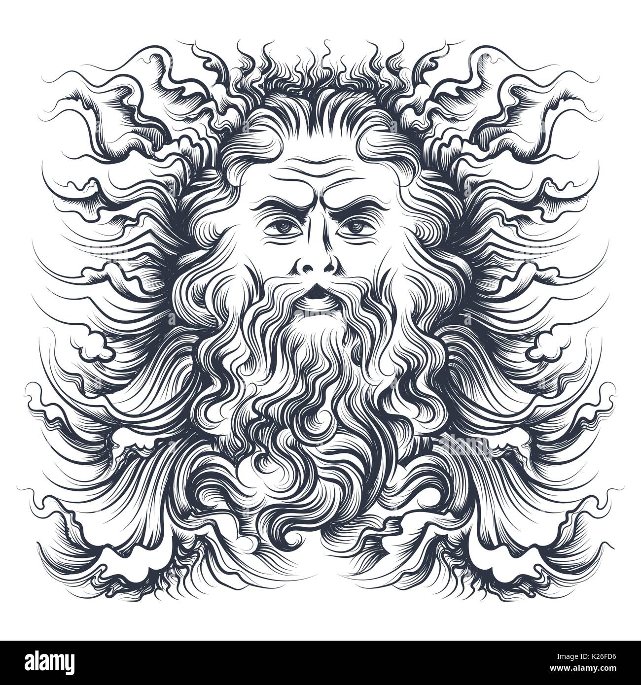 Roman sea god Neptune head. Mythology character drawn in engraving style. Vector illustration. Stock Vector