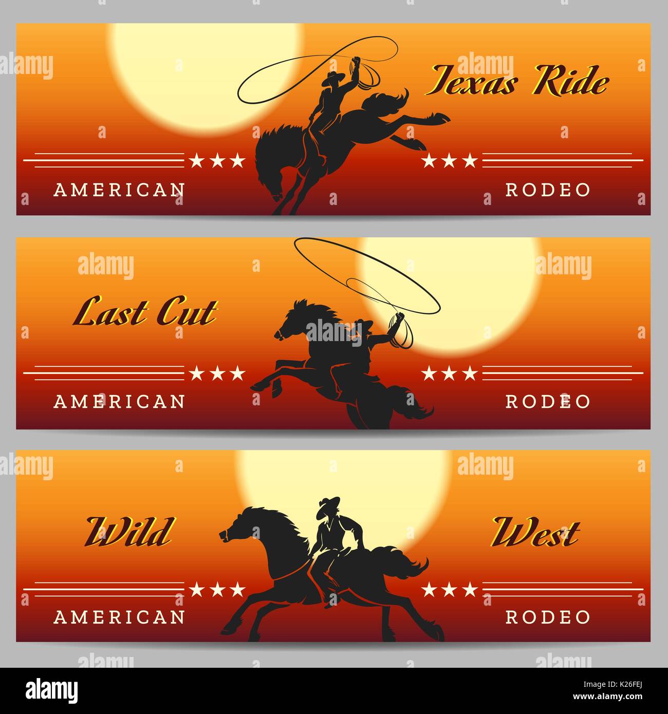 Cowboy Rodeo horizontal banners set with desert rodeo and rider silhouettes. Vector illustration Stock Vector