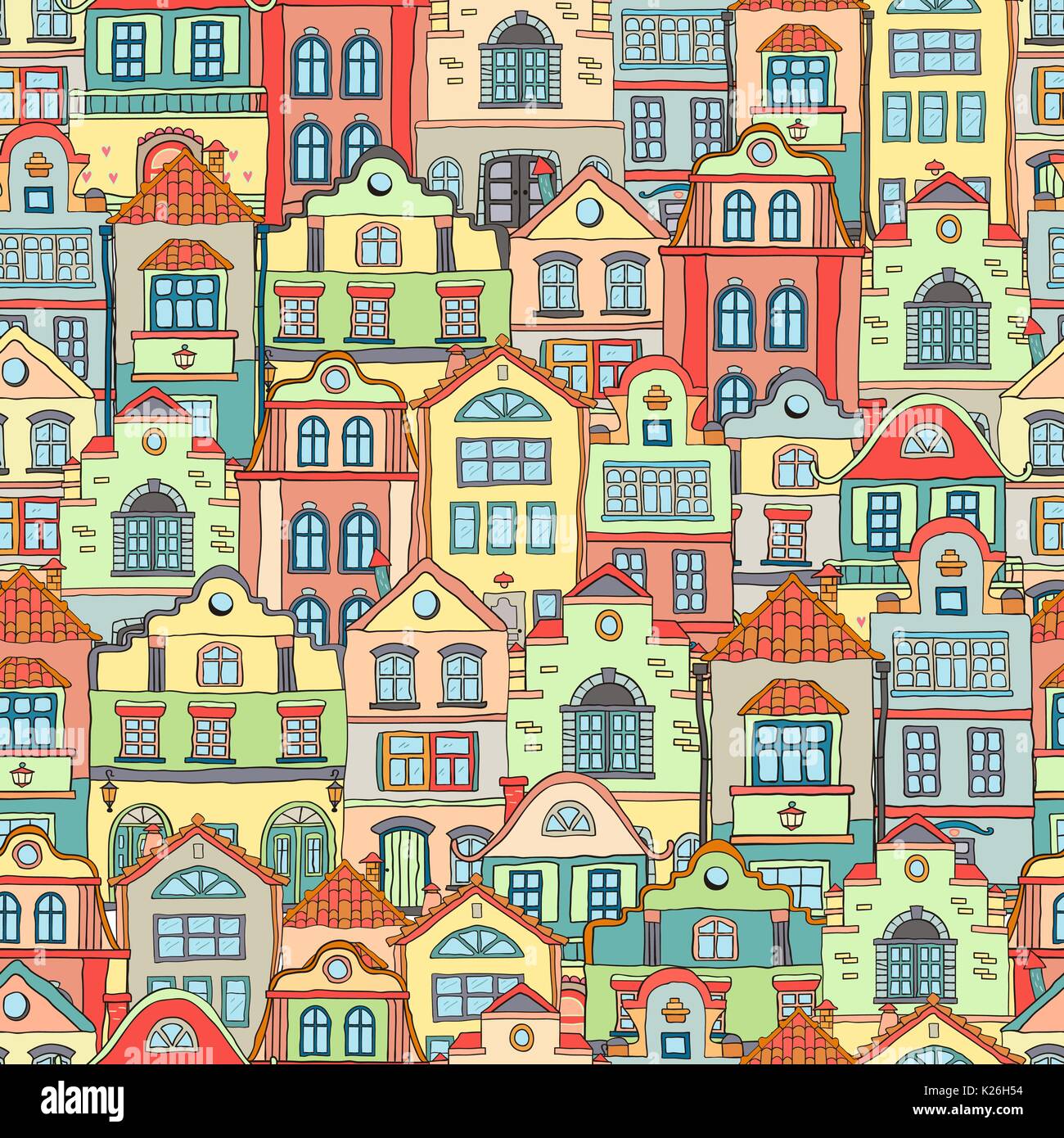 Seamless pattern with doodles colored scandinavian houses . Vector background . Stock Vector