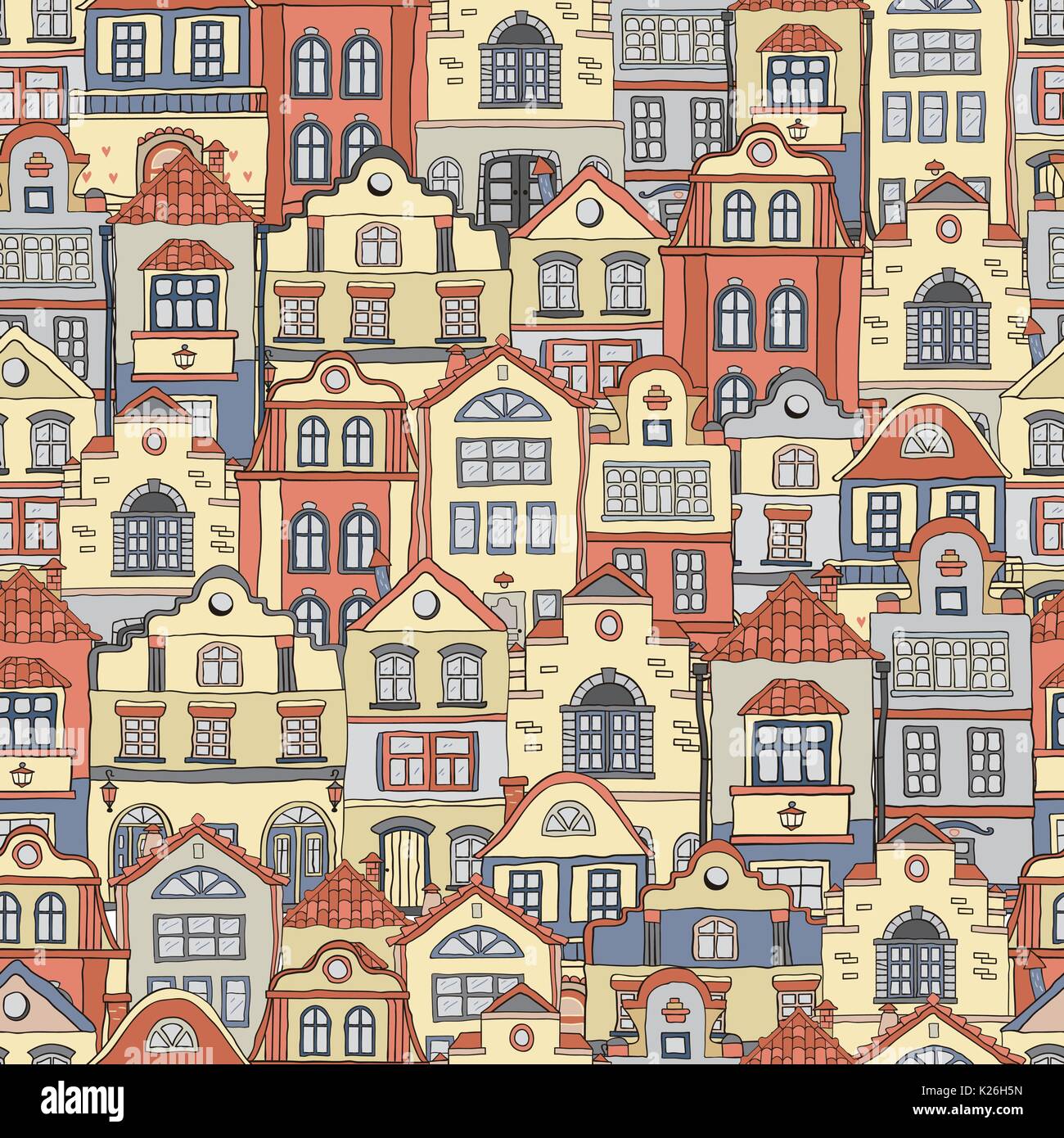 Seamless pattern with doodles colored scandinavian houses . Vector background .Brown shades . Stock Vector