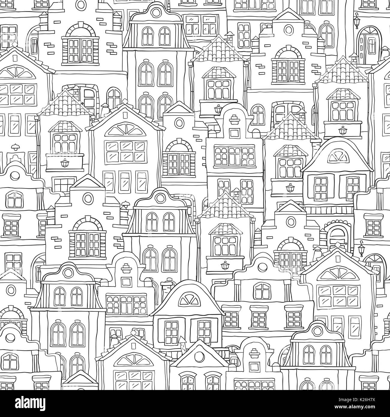 Seamless black contour pattern with houses . Vector doodles Stock ...