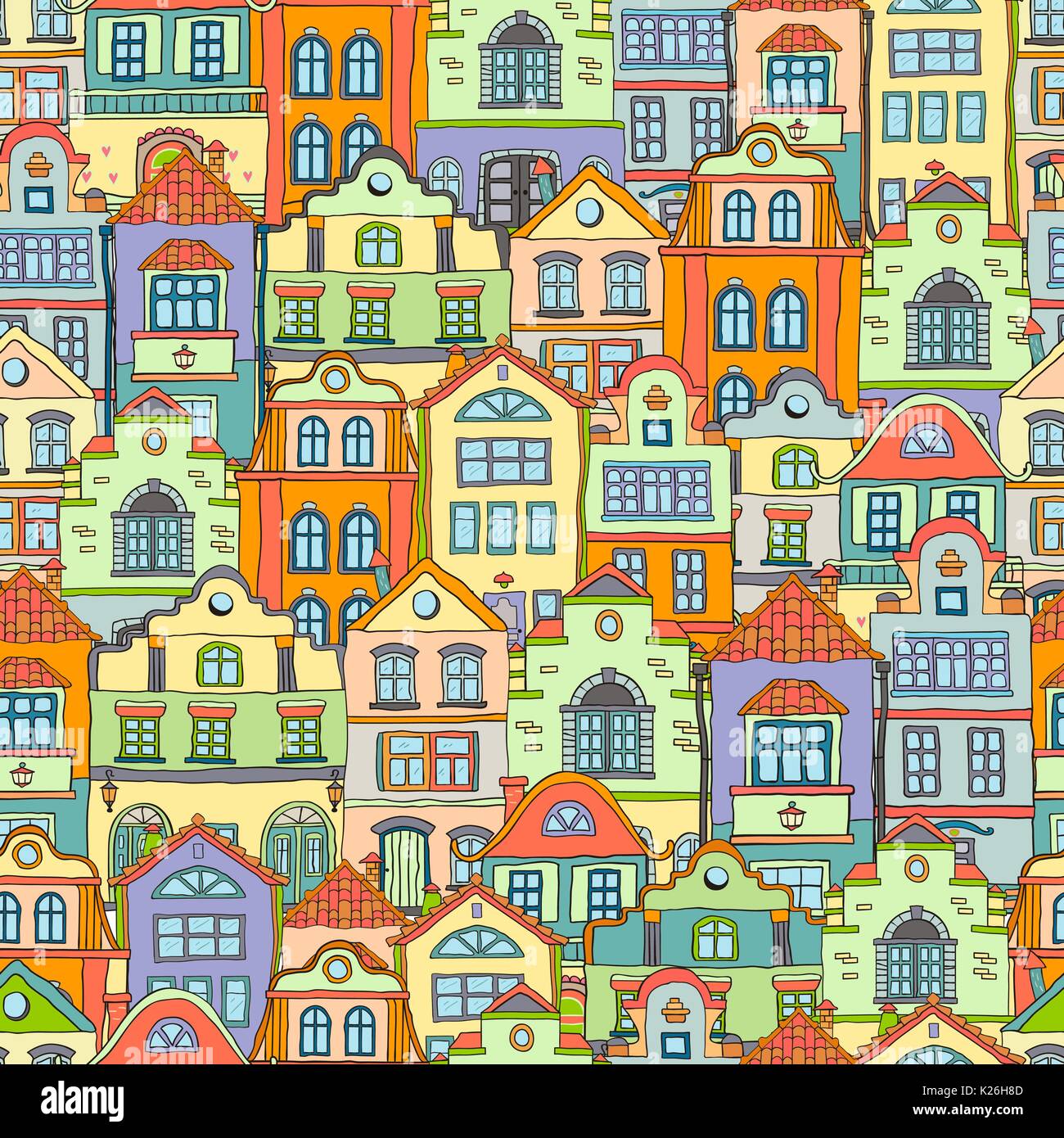 Seamless pattern with doodles colored scandinavian houses . Vector colored background . Stock Vector