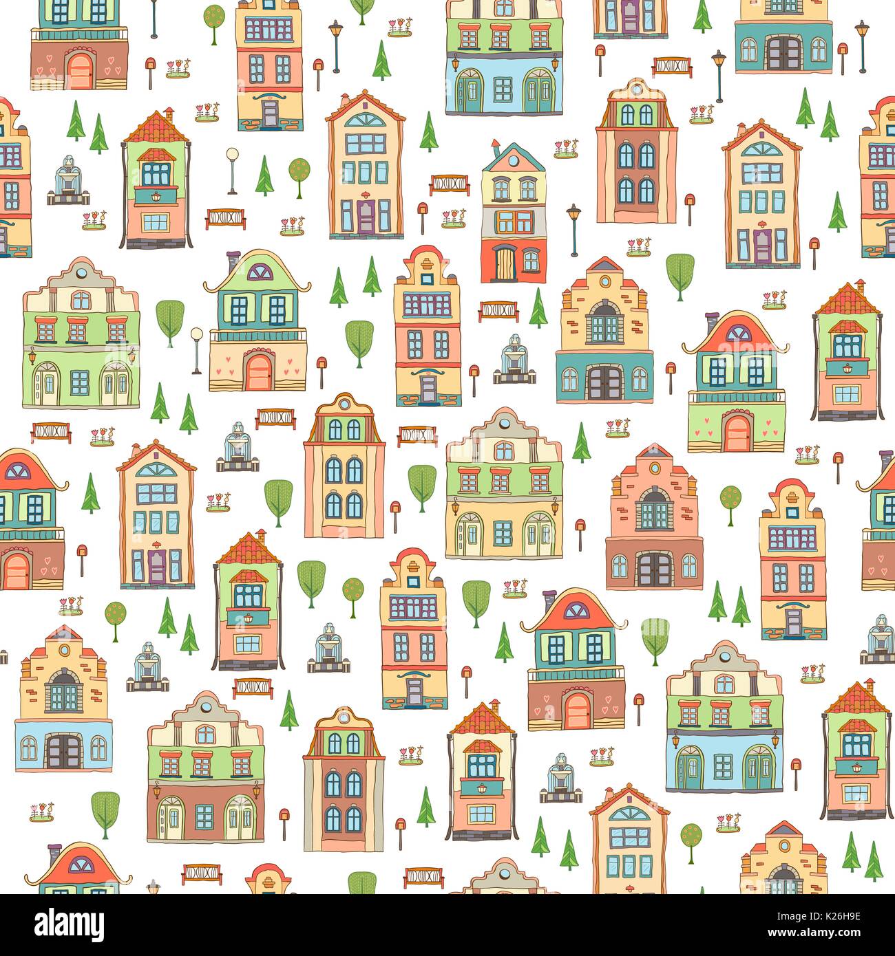 Seamless pattern with small town houses . Vector cute decorative ...