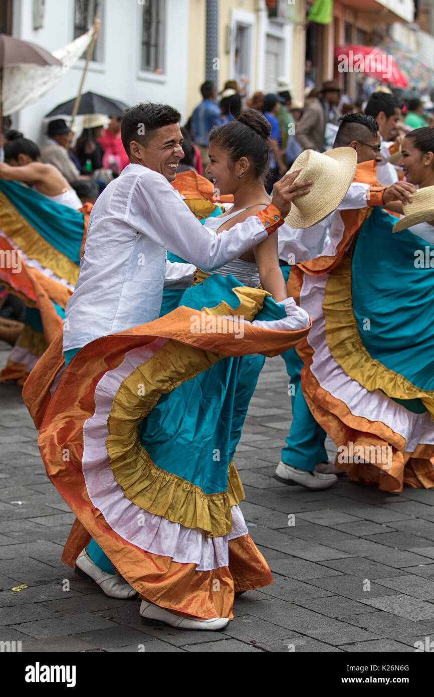 June 17, 2017 Pujili, Ecuador: indigenous couple dancing in colonial style dress at the Corpus Christi annual parade Stock Photo