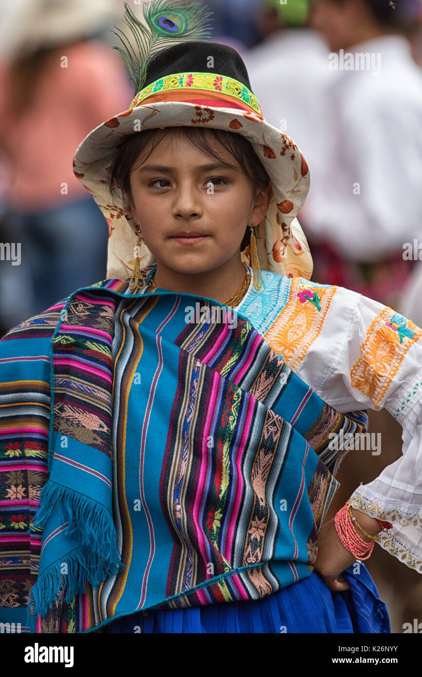 June 17, 2017 Pujili, Ecuador: young indigenous girl in bright color