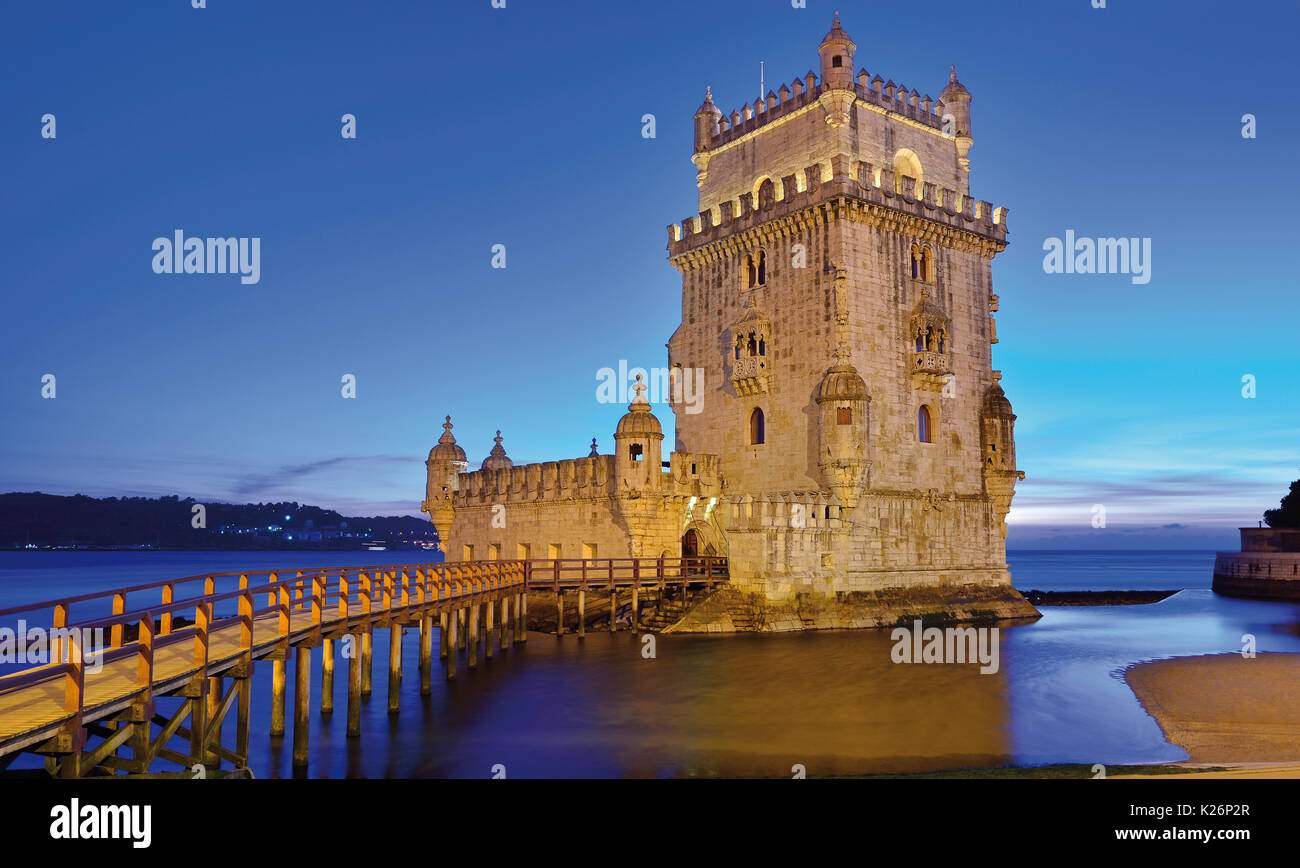Medieval Belem Tower at night Stock Photo