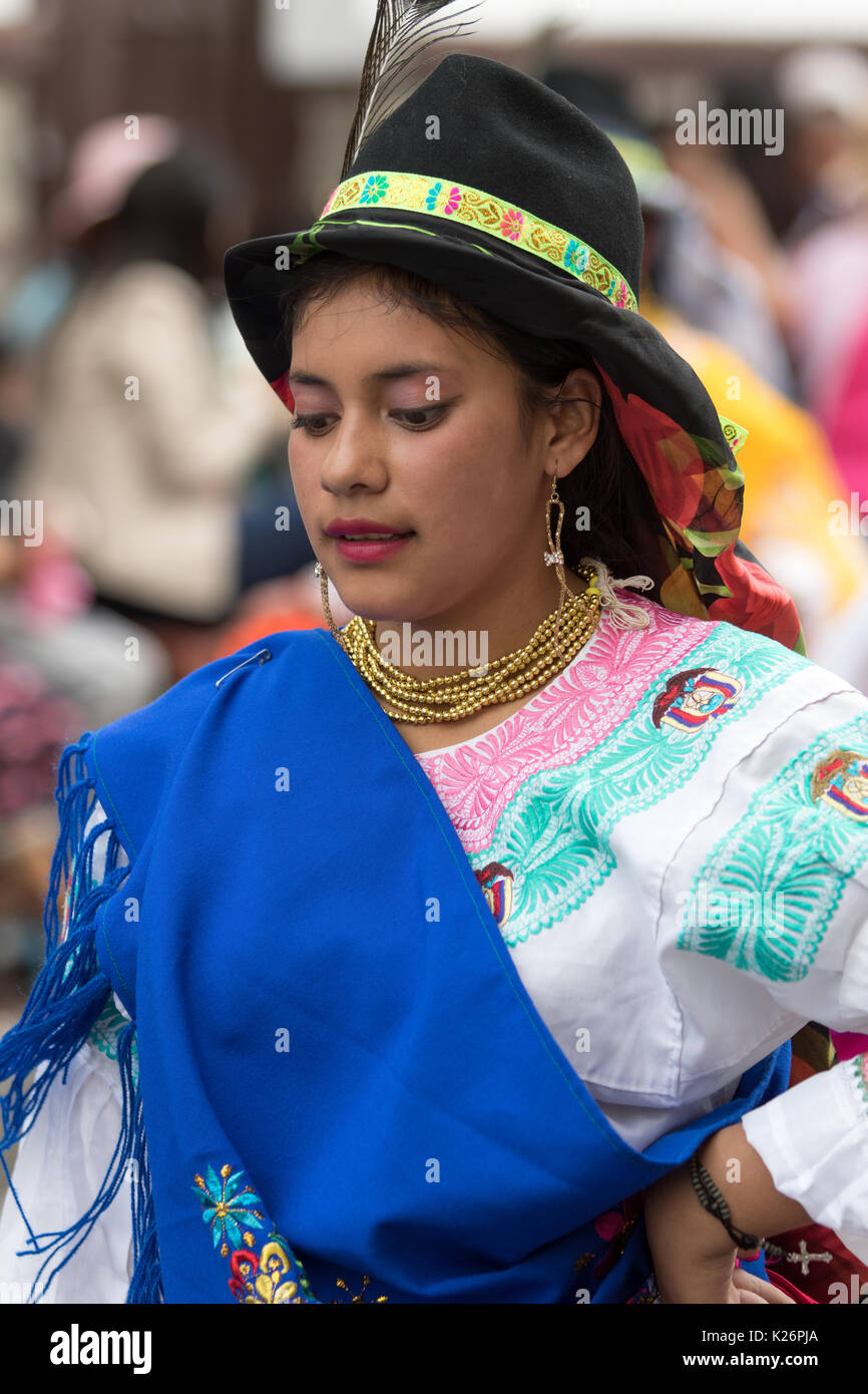 June 17, 2017 Pujili, Ecuador: young indigenous woman in bright color