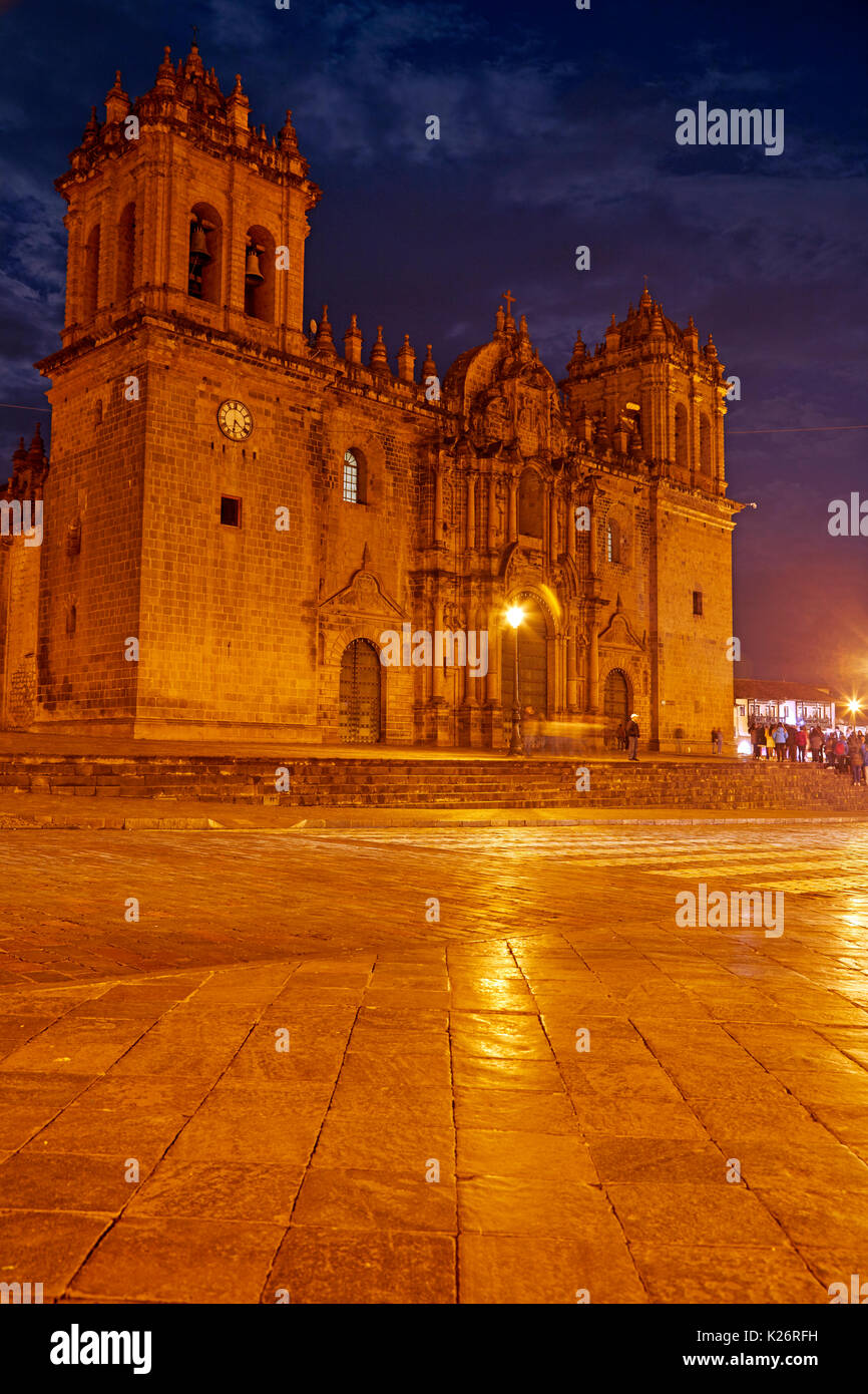 Cusco Cathedral at dusk, Plaza de Armas, Cusco, Peru, South America Stock Photo