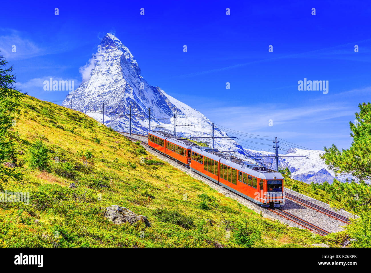 Zermatt, Switzerland. Gornergrat tourist train with Matterhorn mountain in the background. Valais region. Stock Photo