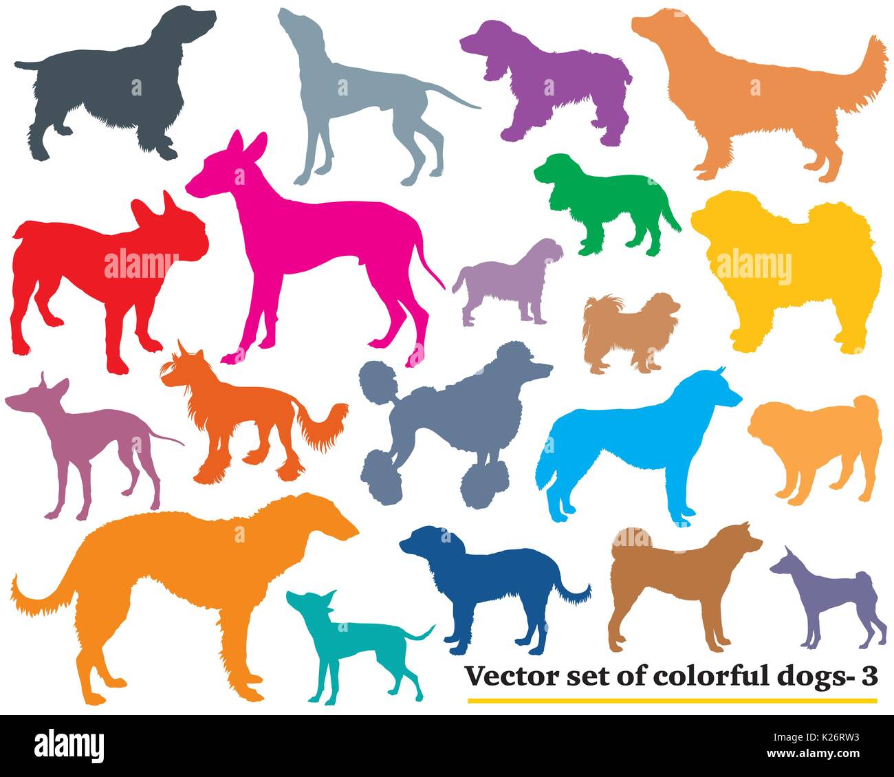 Vector set of colorful isolated different breeds dogs silhouettes on ...