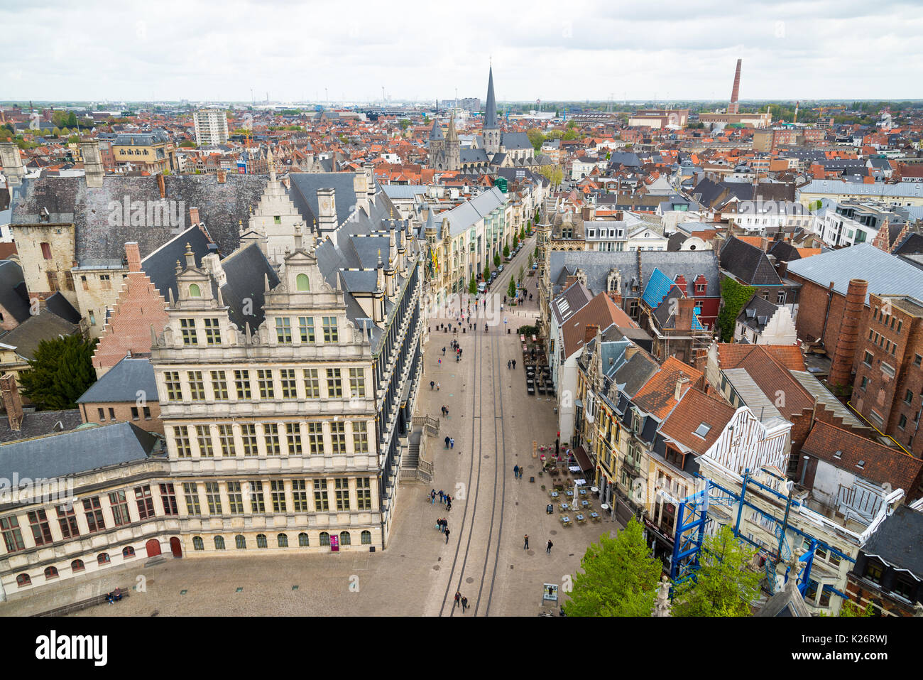 Ghent, Belgium - April 16, 2017: Aerial view of Ghent from Belfry - beautiful medieval buildings of the Old Town, Belgium. Stock Photo
