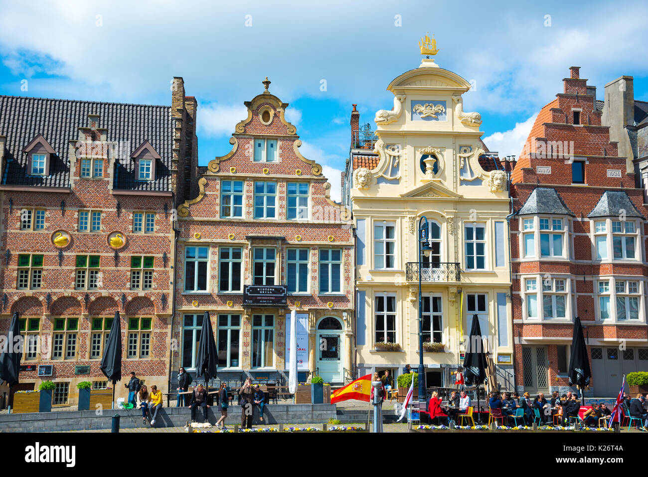 Ghent, Belgium - April 16, 2017: Row of beutiful historic buildings in Ghent, Belgium Stock Photo
