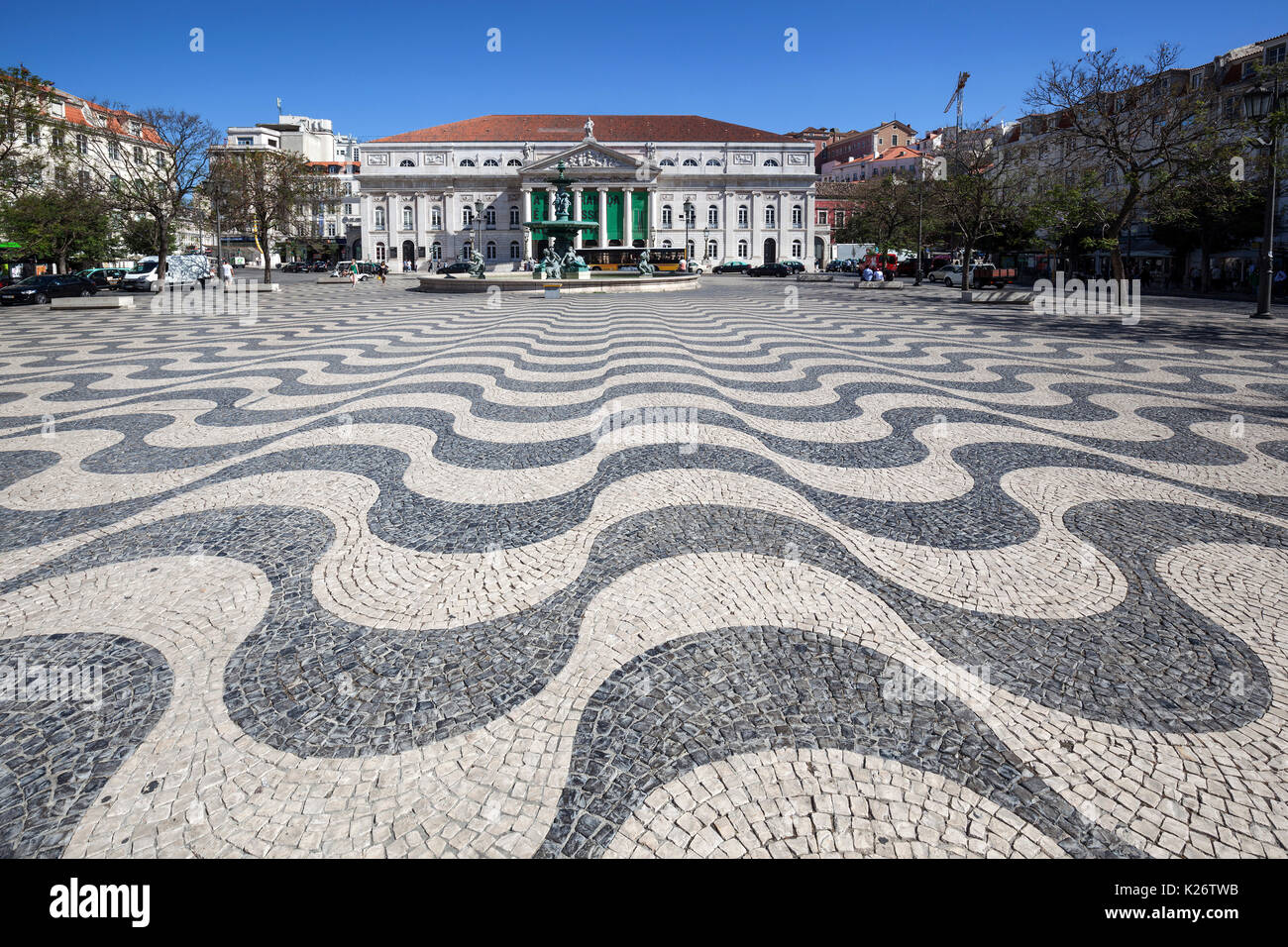 Rossio square, at back National Theater, Lisbon, Portugal Stock Photo