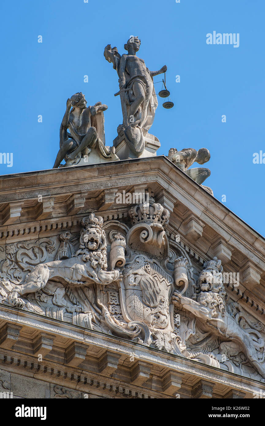 Gable with figure Justitia, figures of Innocence and vice of Balthasar Schmitt, Justice Palace, Munich, Upper Bavaria, Bavaria Stock Photo