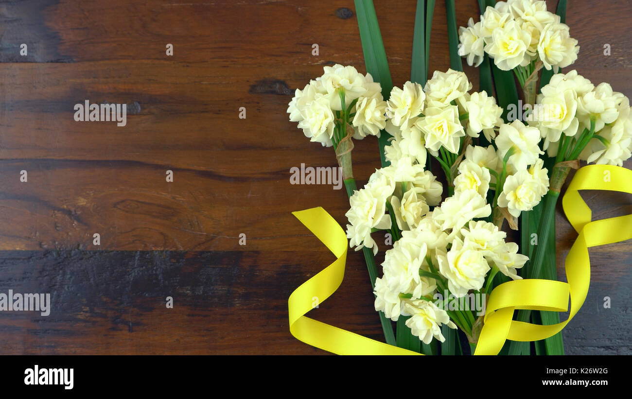 Spring ovehead with Springtime Erlicheer jonquil daffodils on a rustic wood table background. Stock Photo
