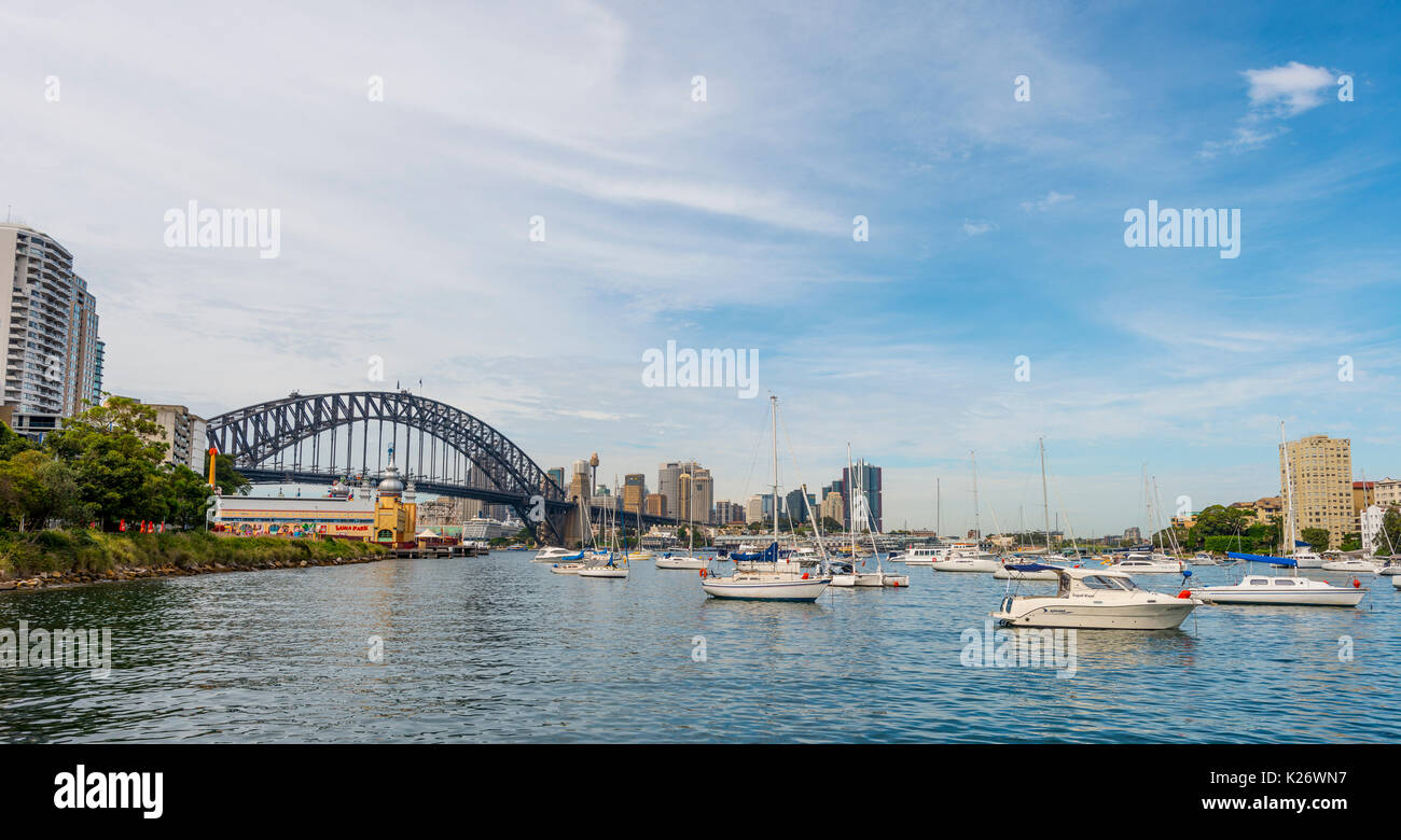 Lavender Bay with sailboats, Sydney Harbor Bridge, Sydney, New South Wales, Australia Stock Photo