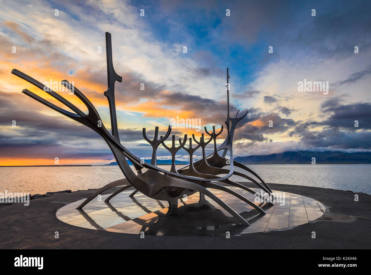 Sun Voyager is a sculpture by Jón Gunnar Árnason, located in Reykjavík, Iceland. Sun Voyager is a dreamboat, an ode to the sun. Intrinsically, it cont Stock Photo