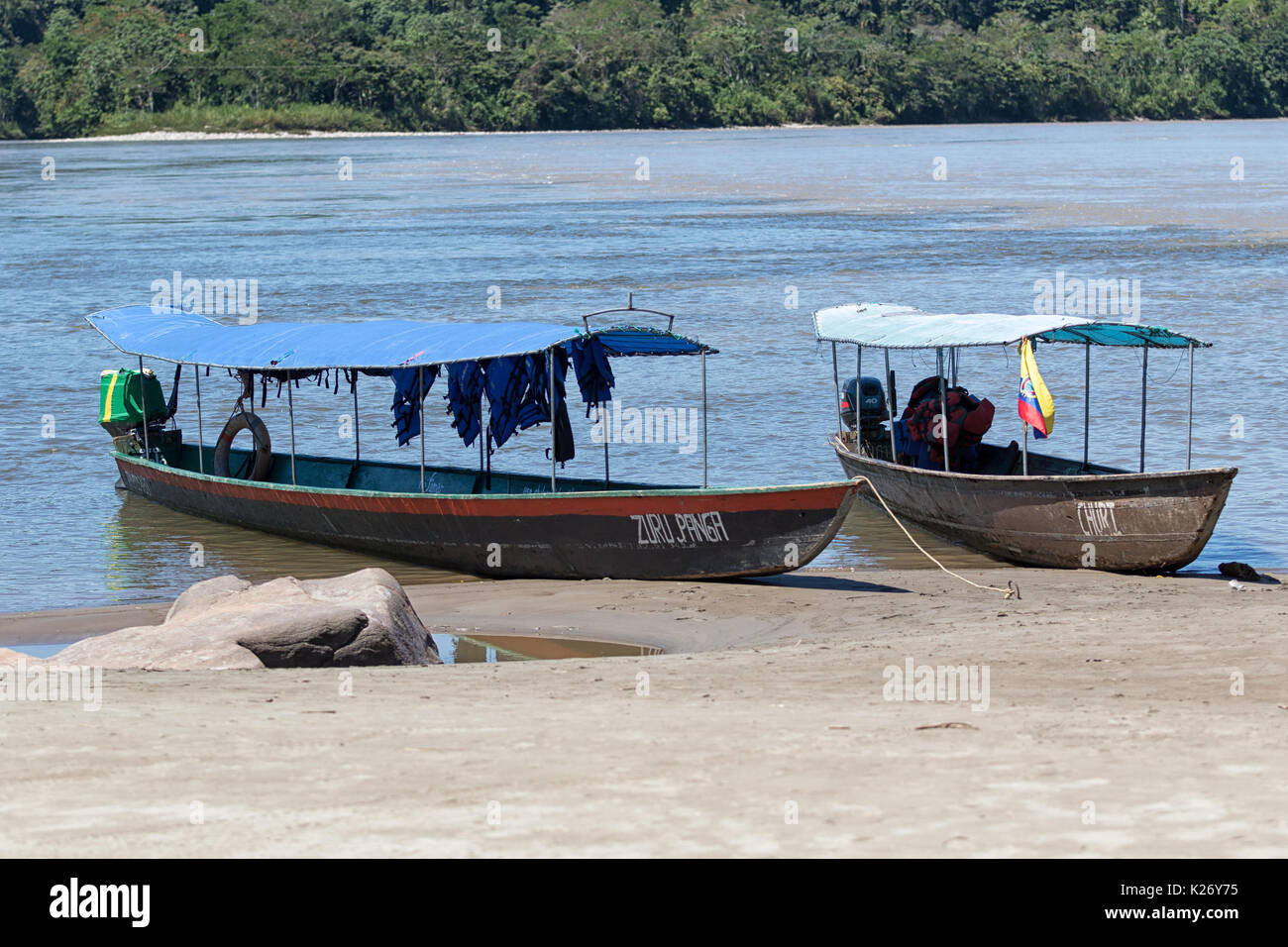 June 6, 2017 Misahualli, Ecuador:  boats are used as a main transportation on river Napo in the Amazon area of the country Stock Photo