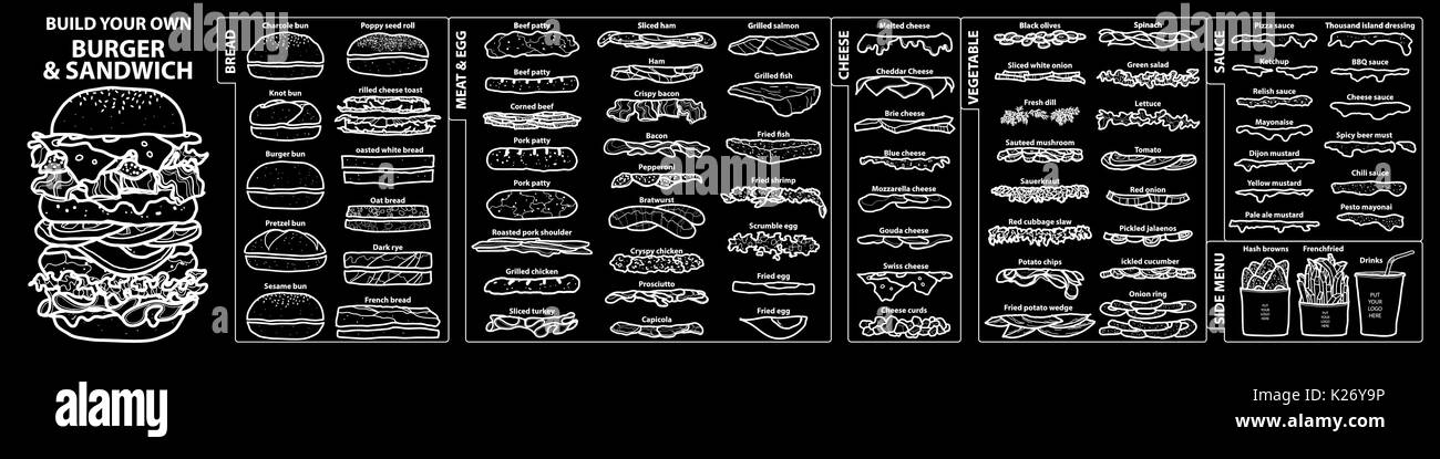 Set of isolated ingredients for build your own burger and sandwich. Cute hand drawn style in white outline and black plane on black background. Stock Vector