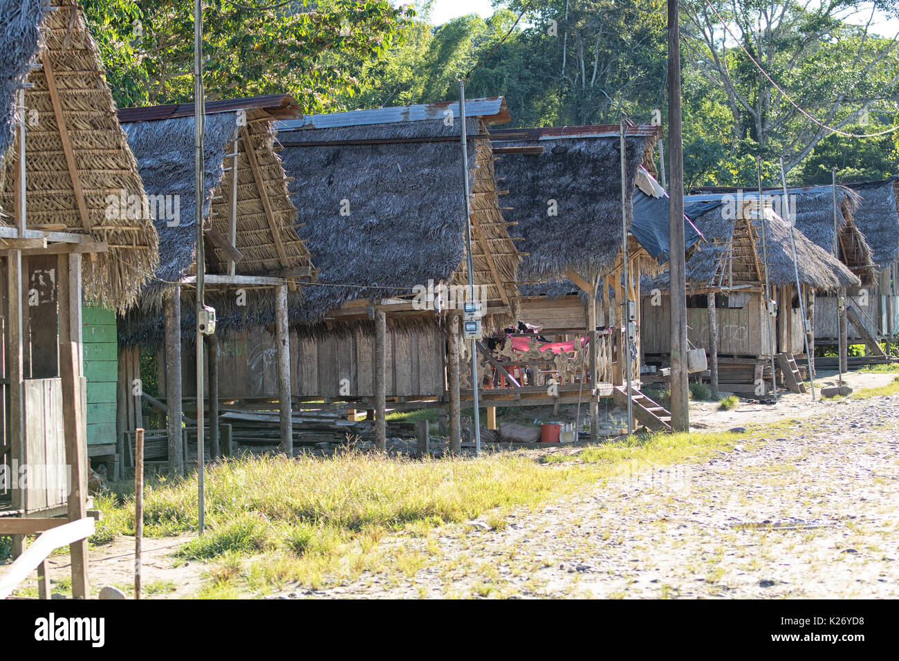 June 6, 2017 Misahualli, Ecuador: row of small habitation shacks made of wood planks in the Amazon area Stock Photo