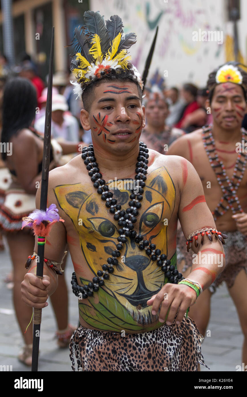 June 17, 2017 Pujili, Ecuador: man with painted upper body at the annual parade of Corpus